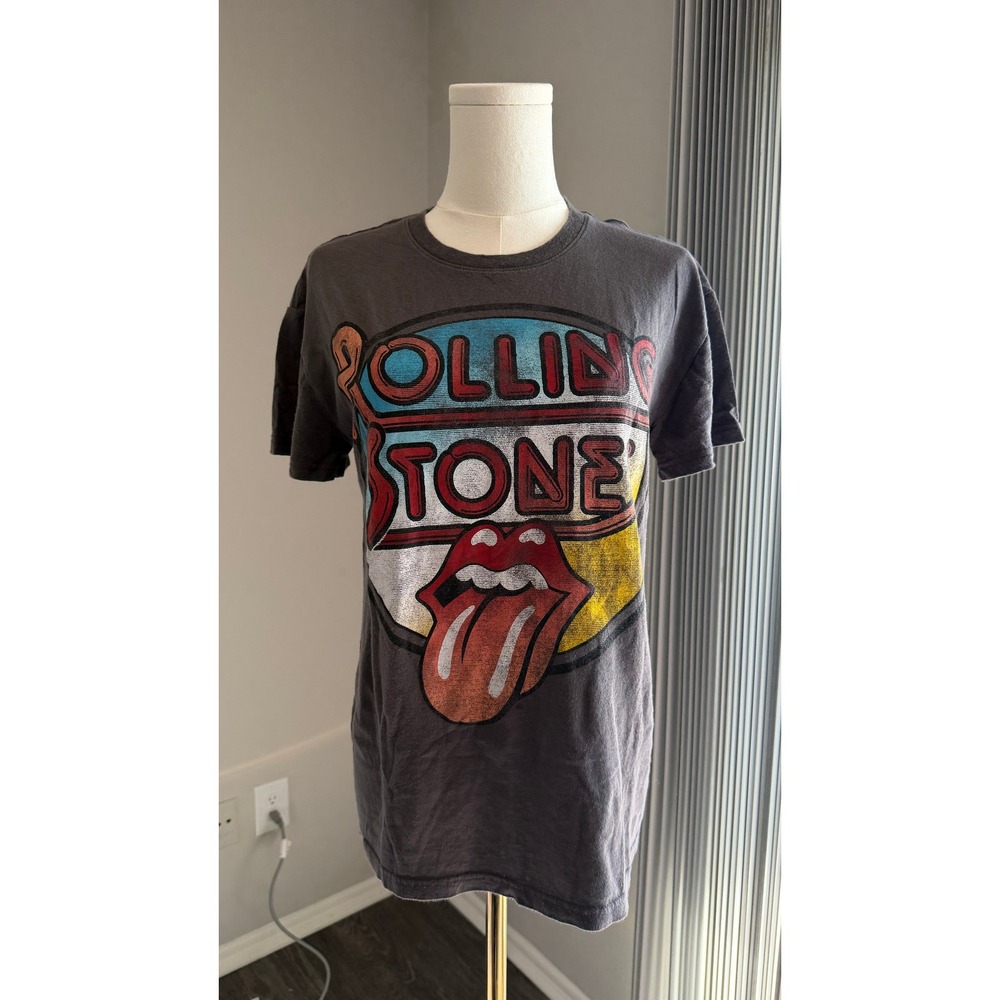 Rolling Stones Graphic T-Shirt Women's Charcoal Gray Cotton Rock Band Tee Small